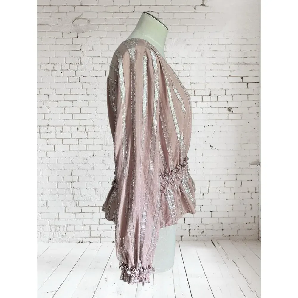 Current Air Womens Dressy Boho Metallic Striped Peplum Ruffle Blouse Size Large - Picture 6 of 8